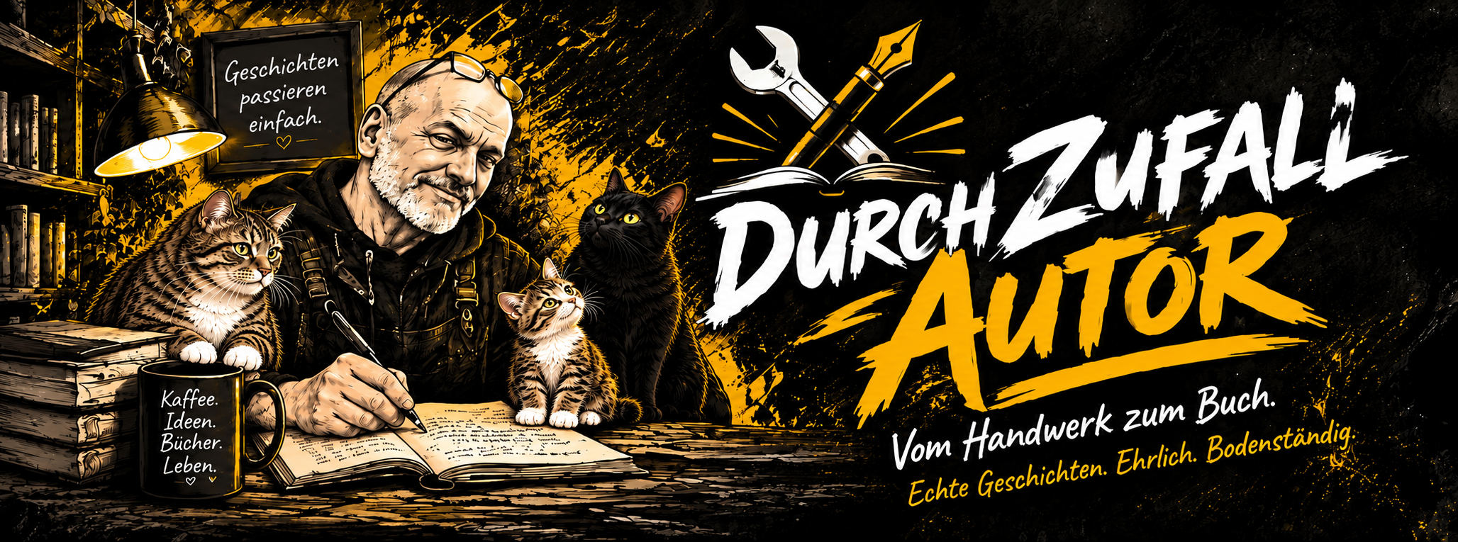 Matze schreibt an seiner Werkbank, begleitet von Mausi, Kitty und Minimi. Bücher und Kaffee gehören dazu. Durch Zufall Autor: Vom Handwerk zum Buch. Echte Geschichten. Ehrlich. Bodenständig.